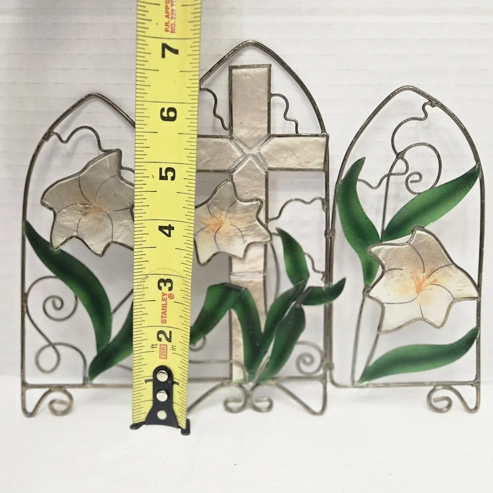 Vtg Capiz Shell Cross Calla Lily Triptych Panel 7.5